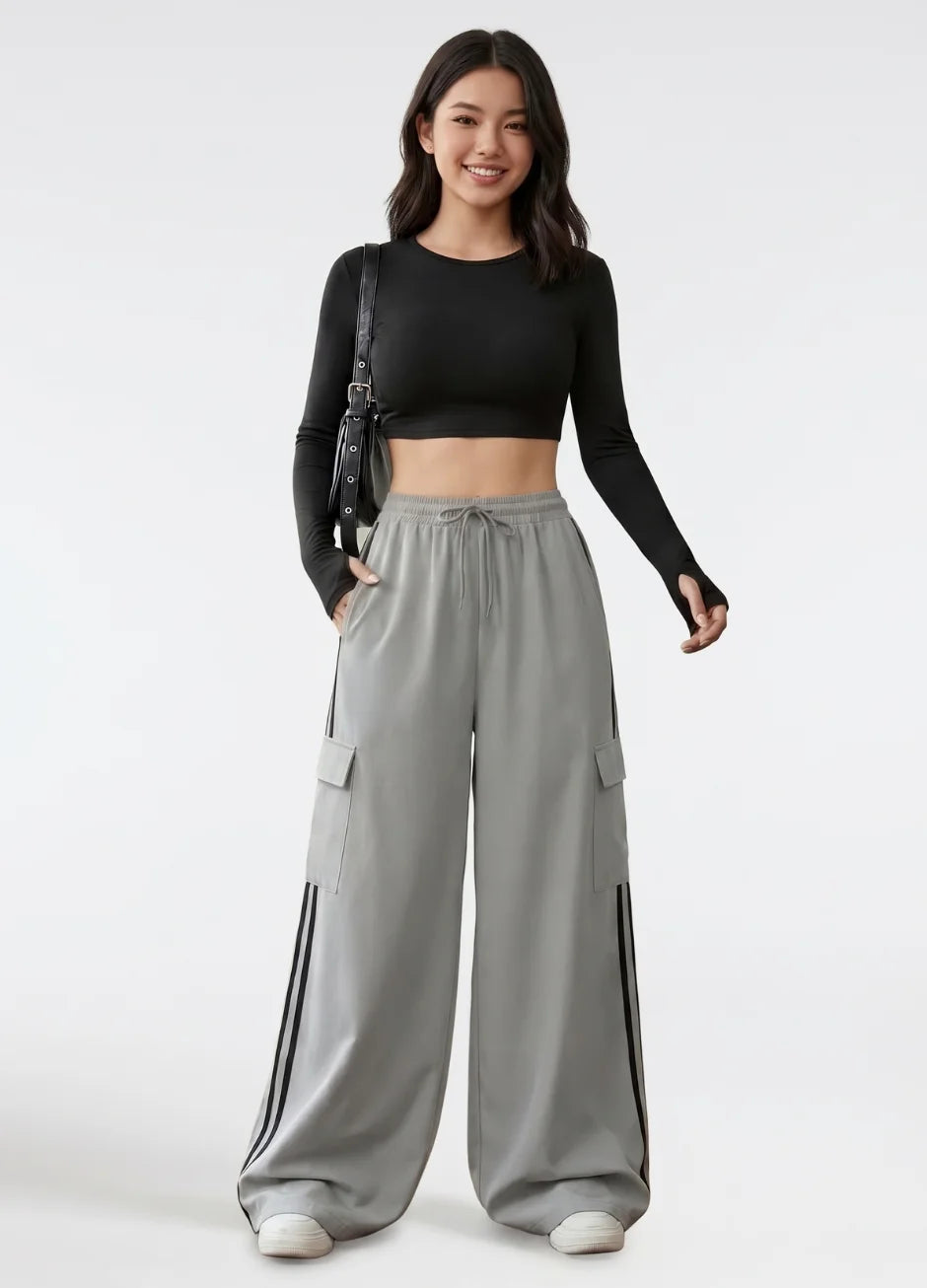 D600 Grey Stripe Cargo Wide-Leg Trouser