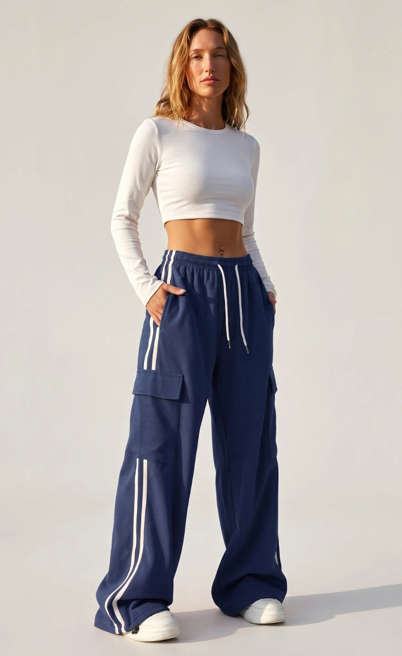 D600 Stripe Cargo Wide-Leg Trouser | Navy Blue