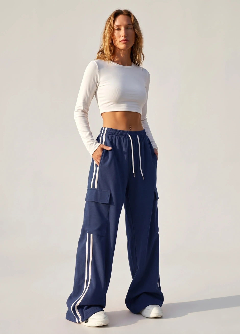 D600 Stripe Cargo Wide-Leg Trouser | Navy Blue