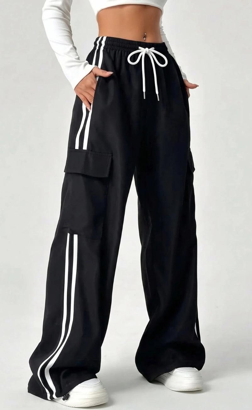 D600 Pure Black Stripe Cargo Wide-Leg Trouser