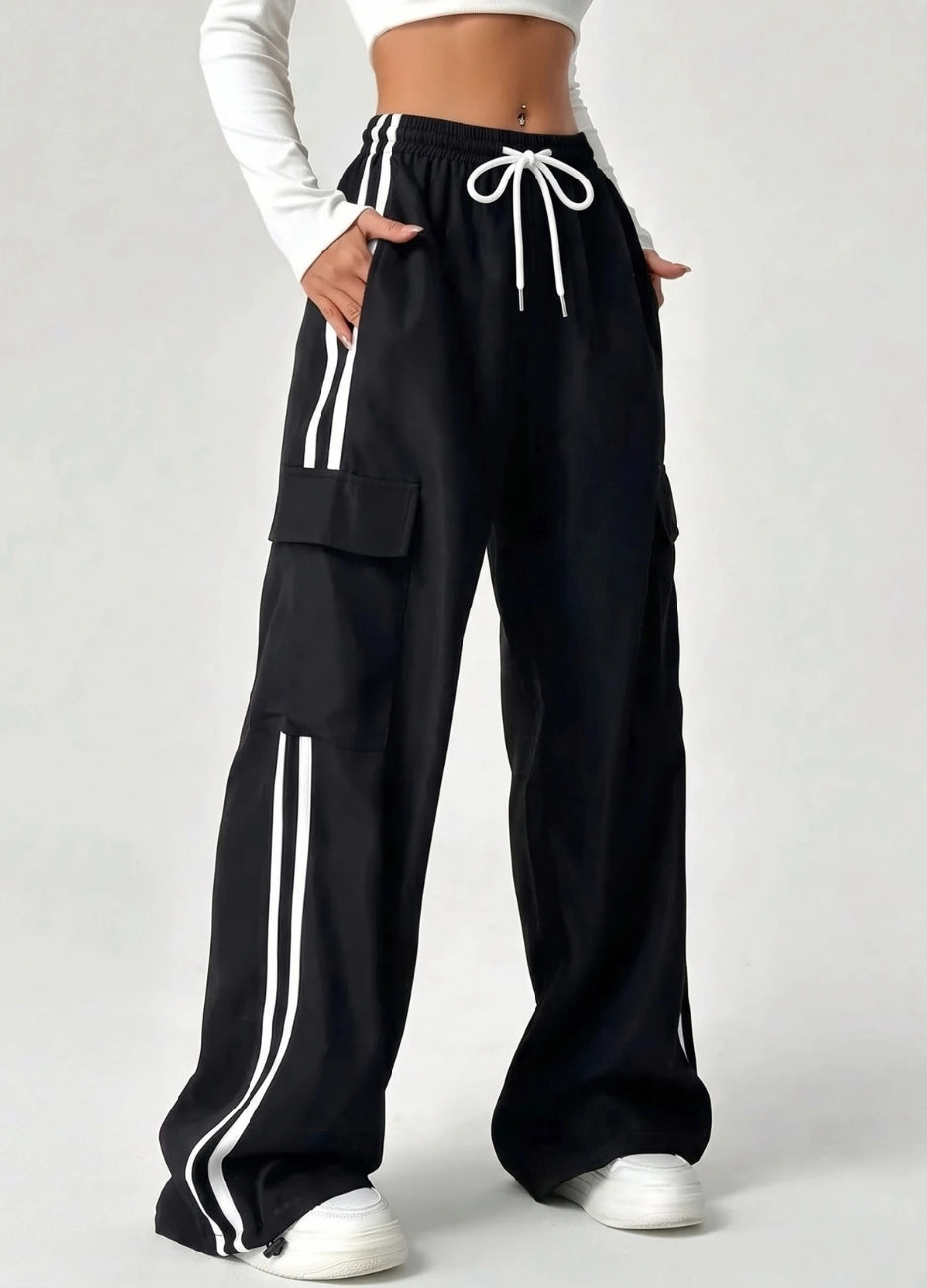 D600 Pure Black Stripe Cargo Wide-Leg Trouser