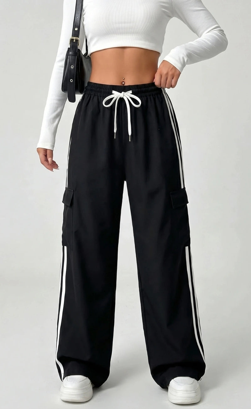 D600 Pure Black Stripe Cargo Wide-Leg Trouser