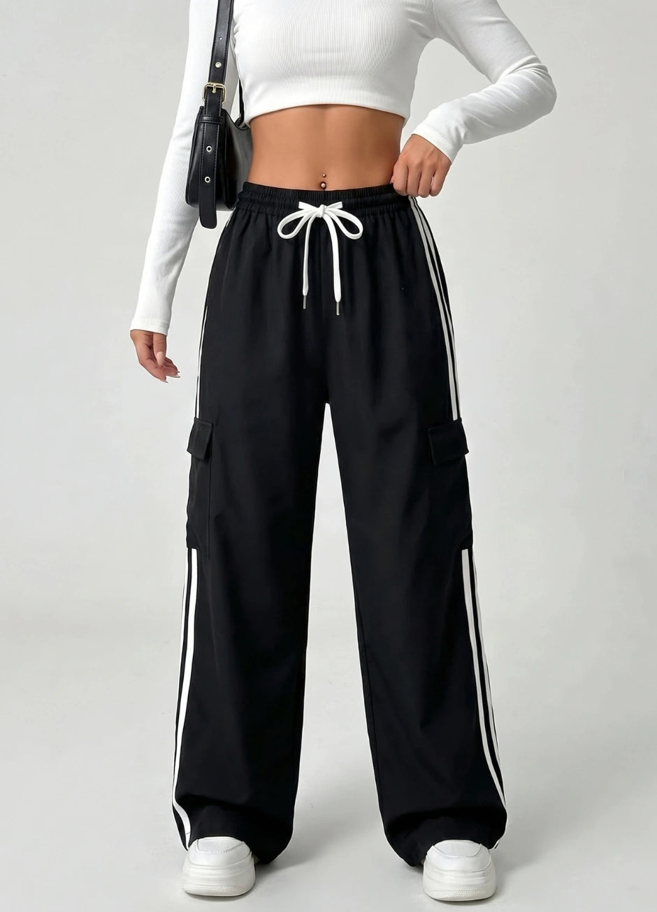 D600 Pure Black Stripe Cargo Wide-Leg Trouser