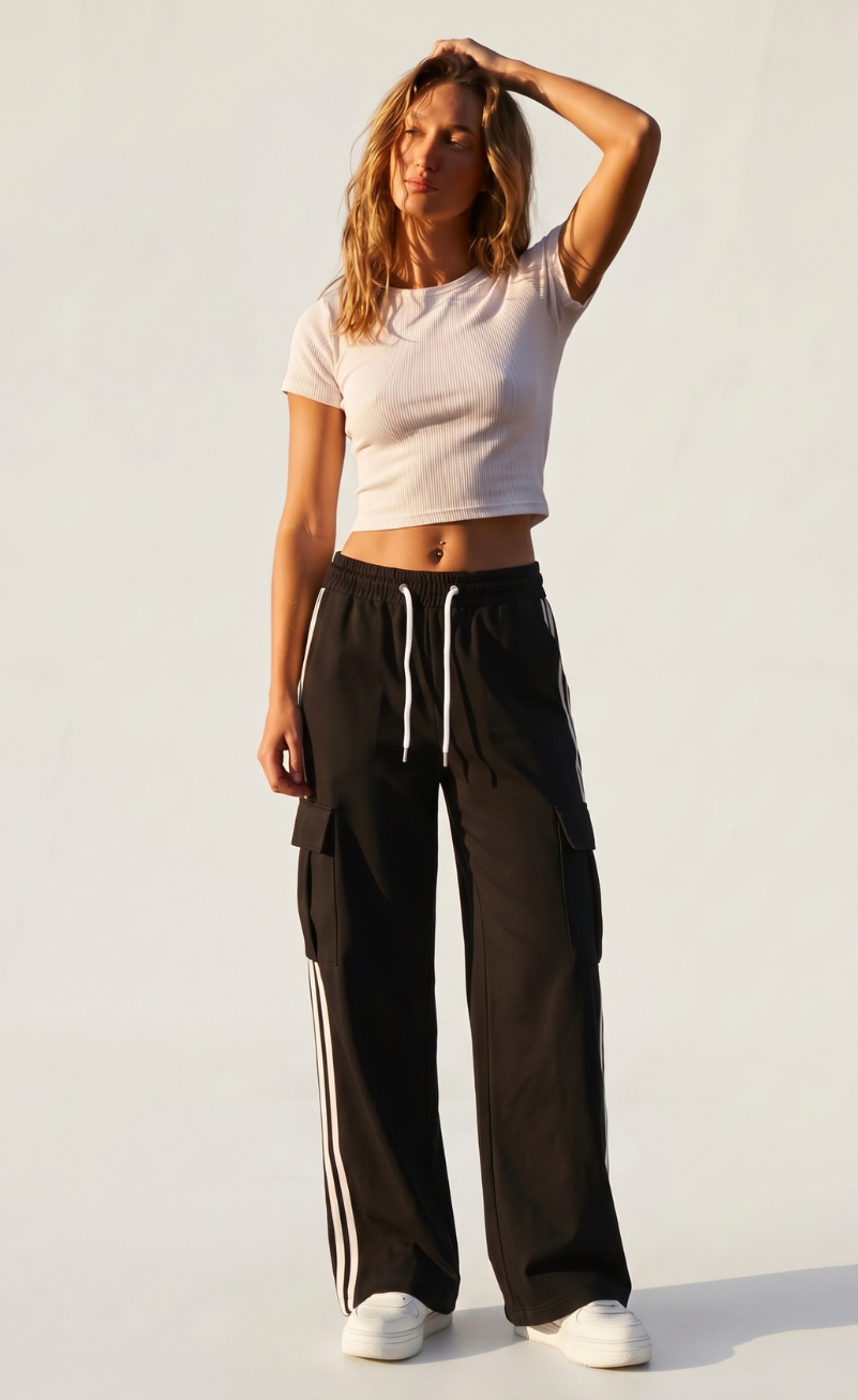 D600 Pure Black Stripe Cargo Wide-Leg Trouser