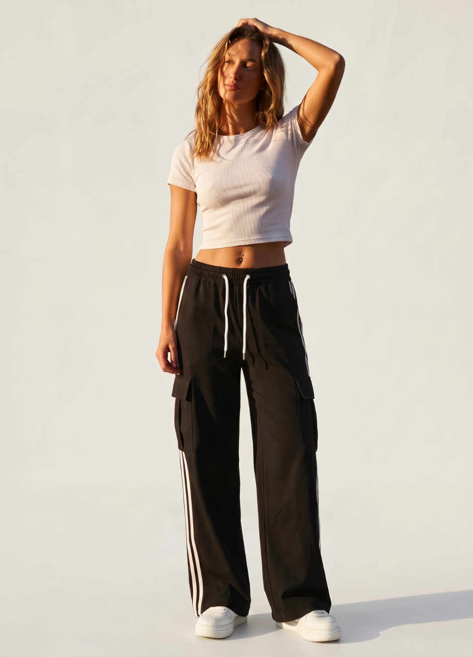 D600 Pure Black Stripe Cargo Wide-Leg Trouser