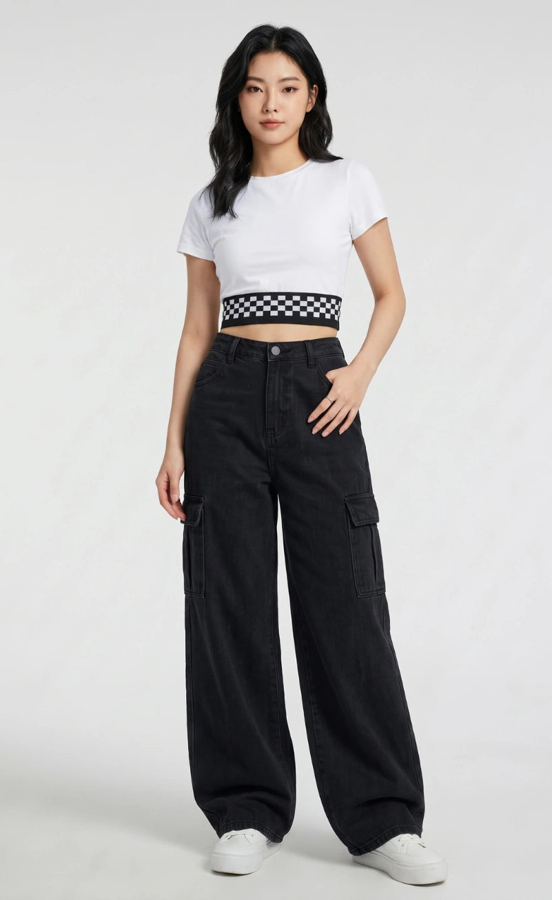 High Waisted Wide Leg Jeans Cargo Pockets in Jet Black