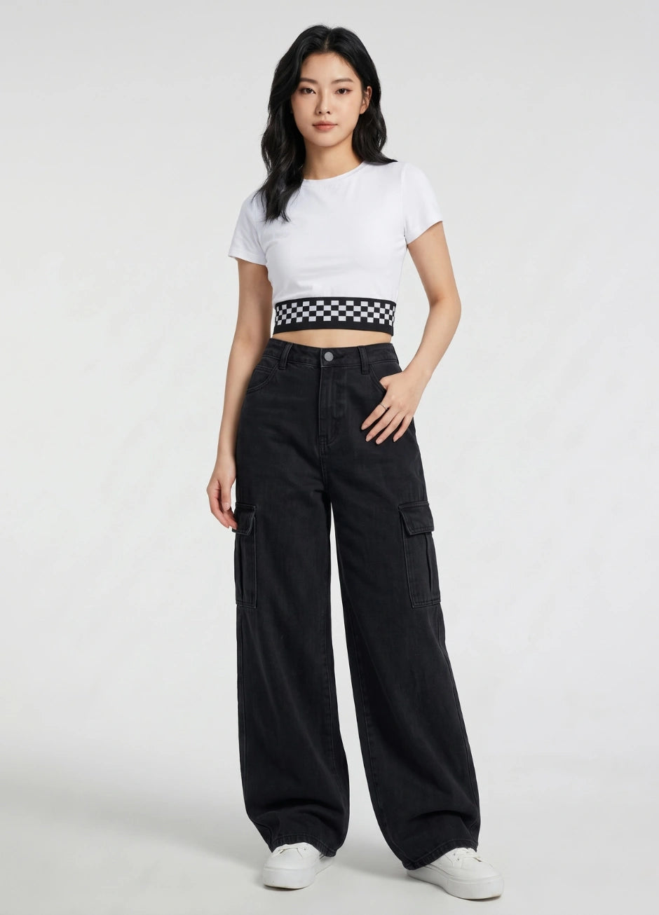 High Waisted Wide Leg Jeans Cargo Pockets in Jet Black