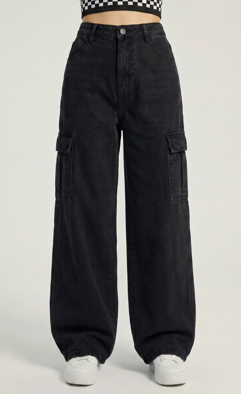 High Waisted Wide Leg Jeans Cargo Pockets in Jet Black