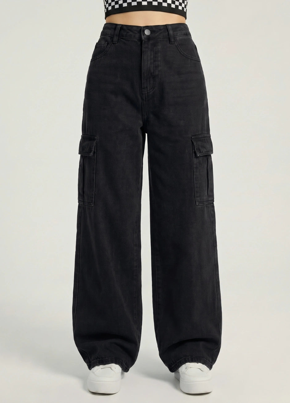 High Waisted Wide Leg Jeans Cargo Pockets in Jet Black