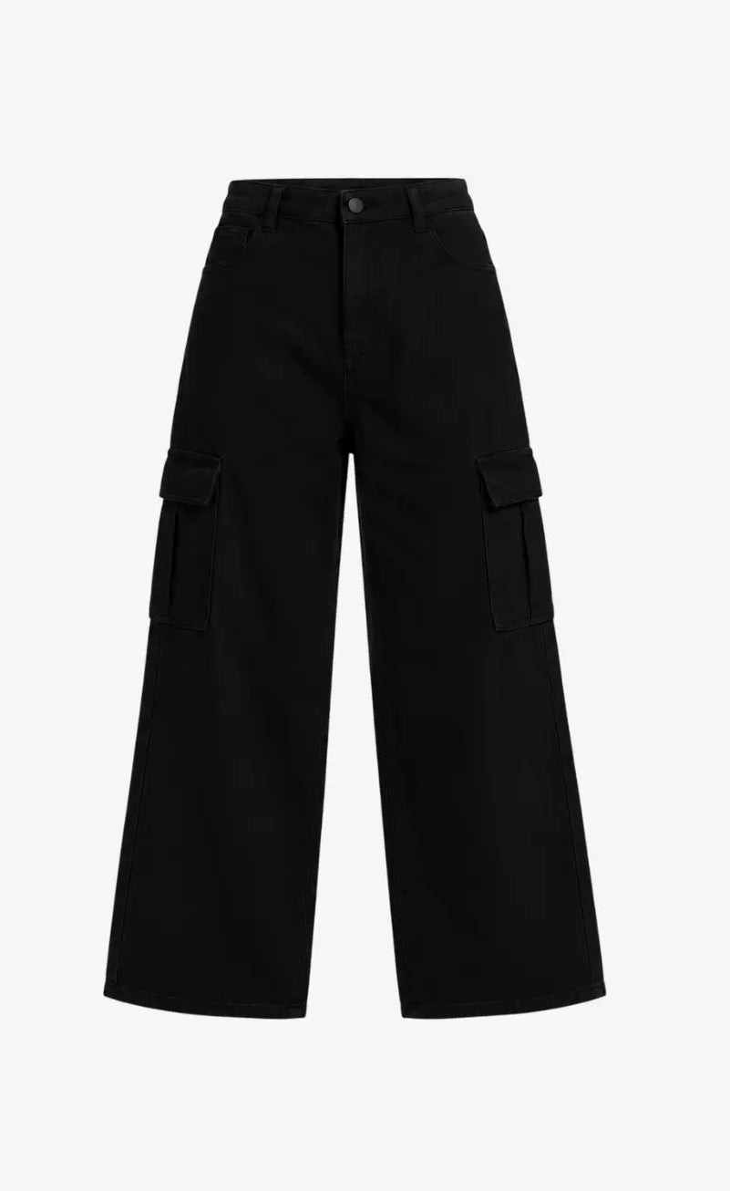 High Waisted Wide Leg Jeans Cargo Pockets in Jet Black