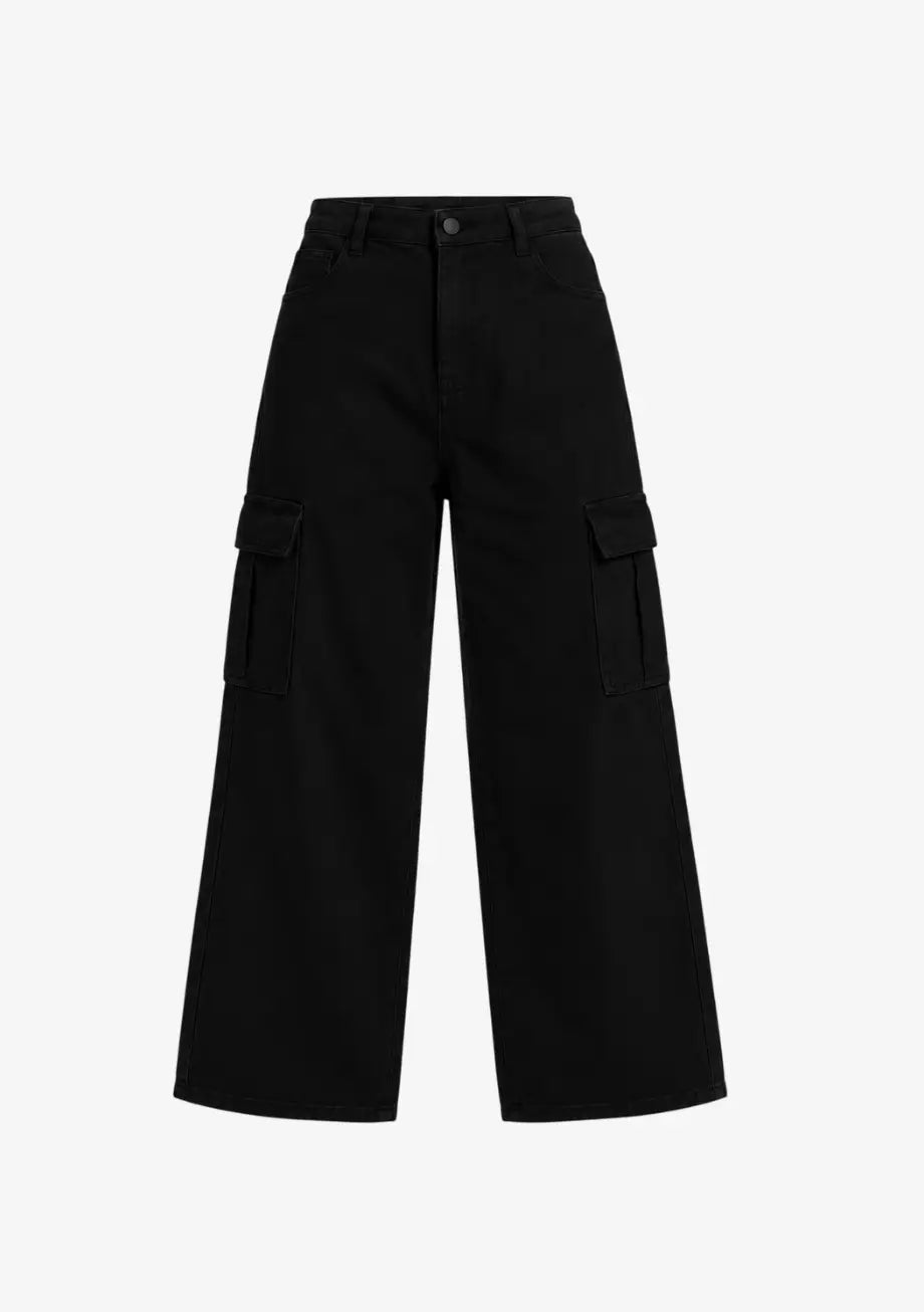 High Waisted Wide Leg Jeans Cargo Pockets in Jet Black