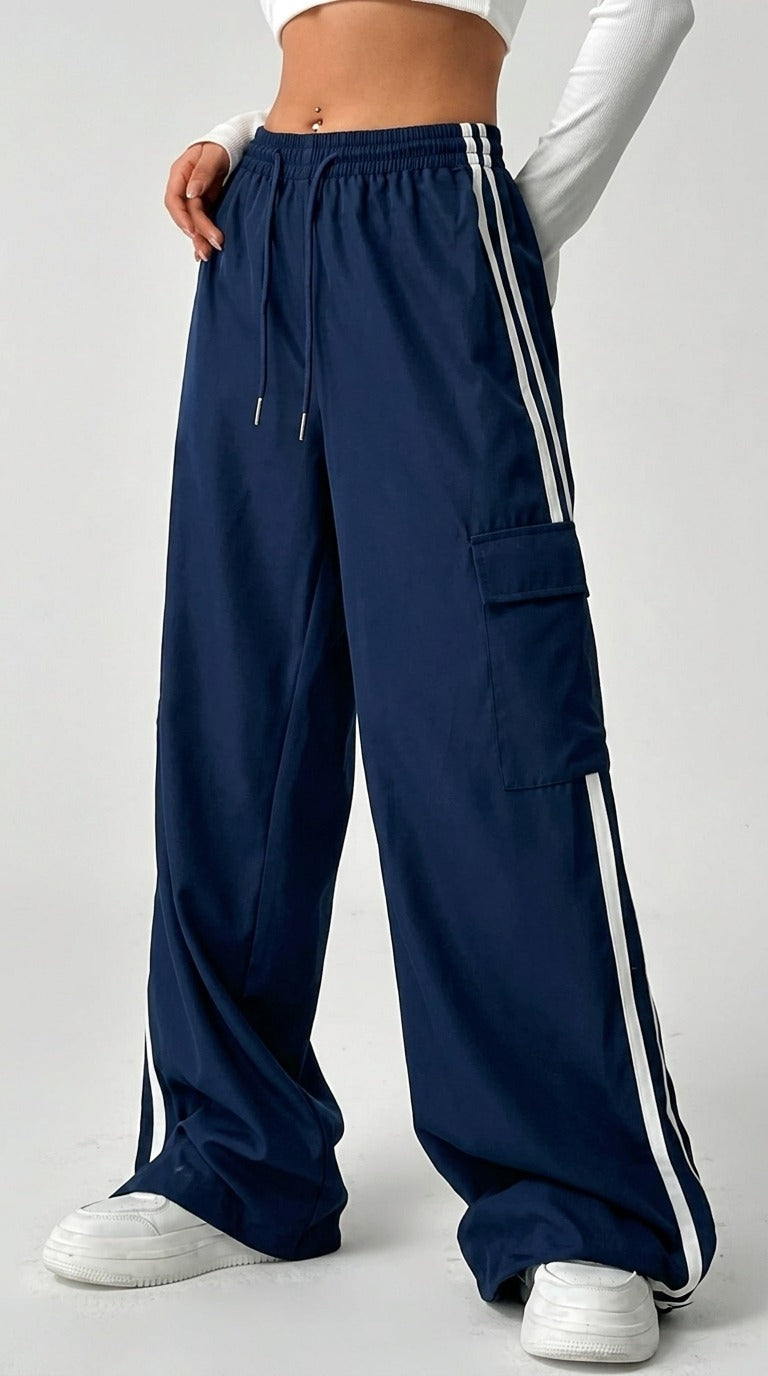 D600 Pure Black Stripe Cargo Wide-Leg Trouser