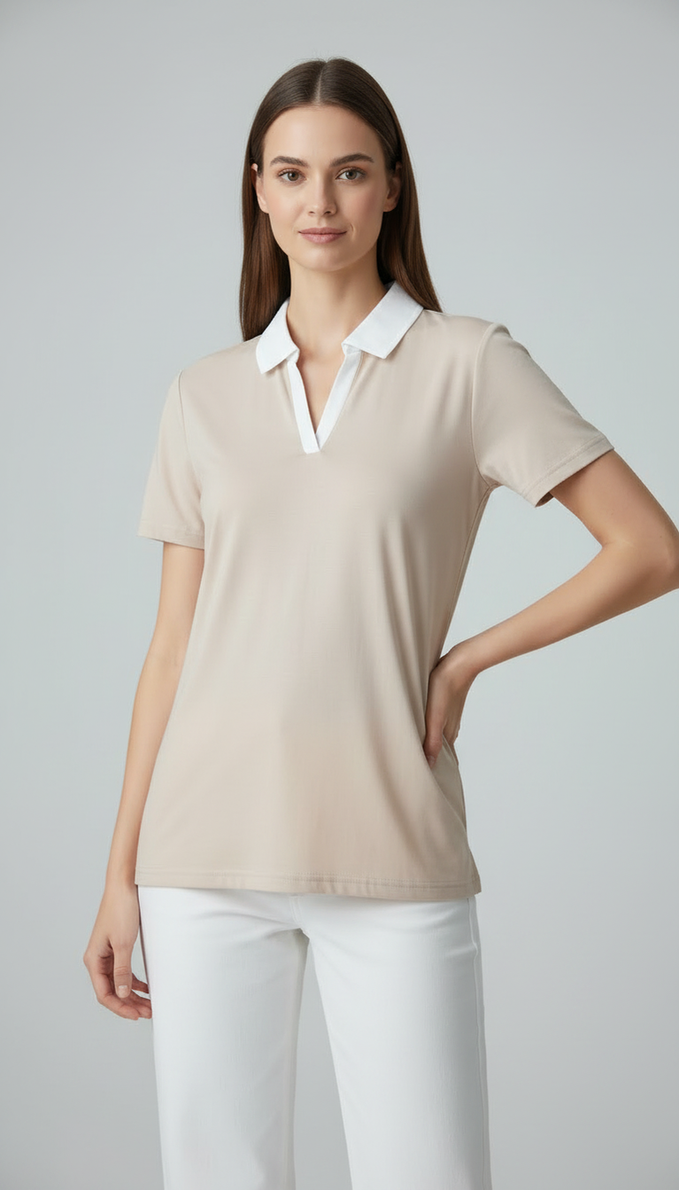 D600 Essential Contrast Collar Polo - Beige