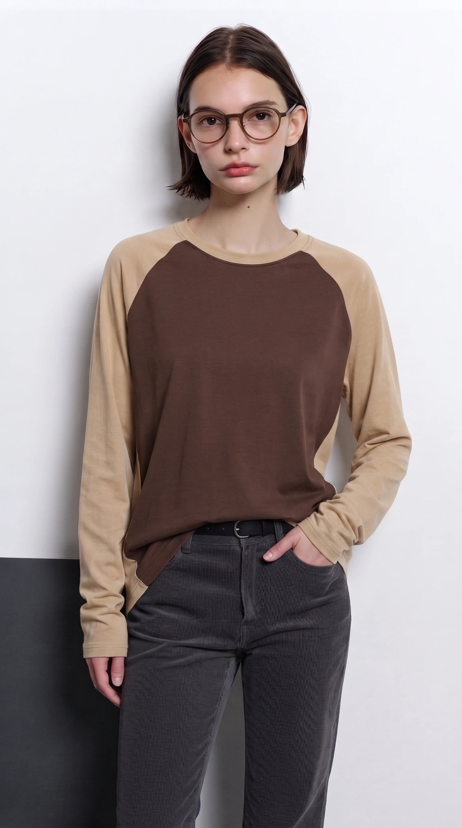 Contrast Raglan Sleeve Top | Brown/Beige