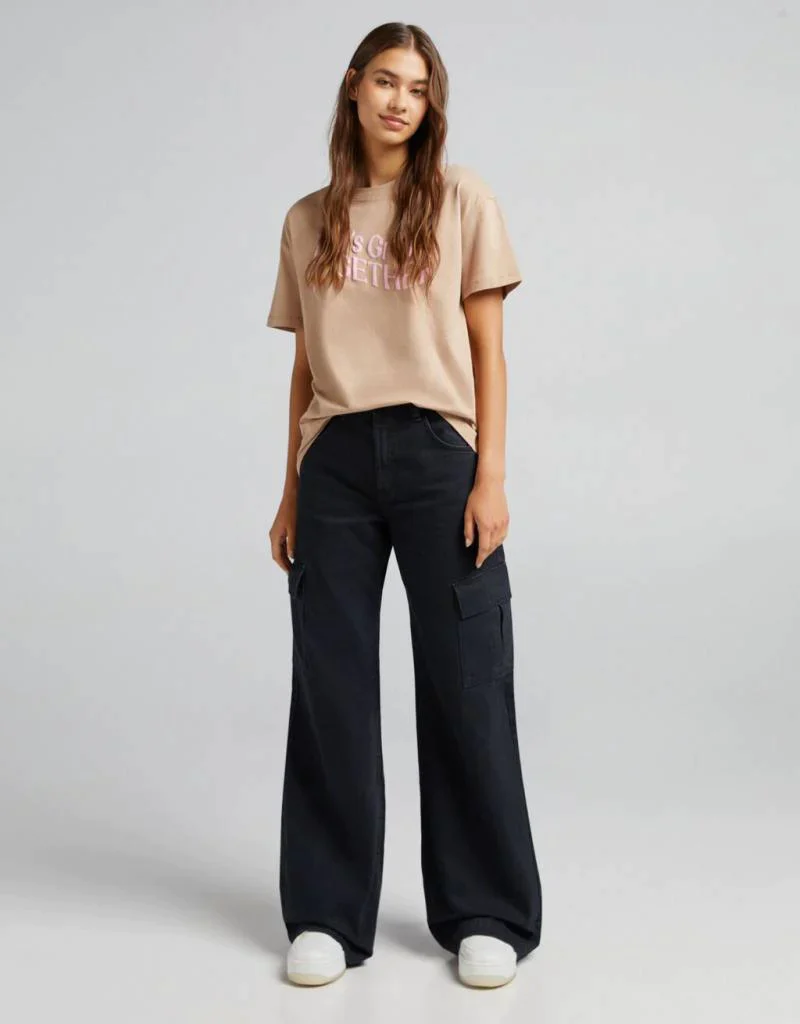 Black Cargo High-Waist Wide-Leg Jeans