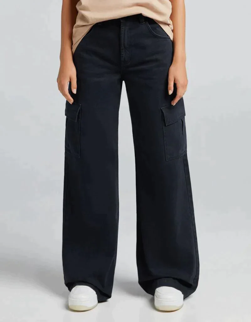High Waisted Wide Leg Jeans Cargo Pockets in Jet Black