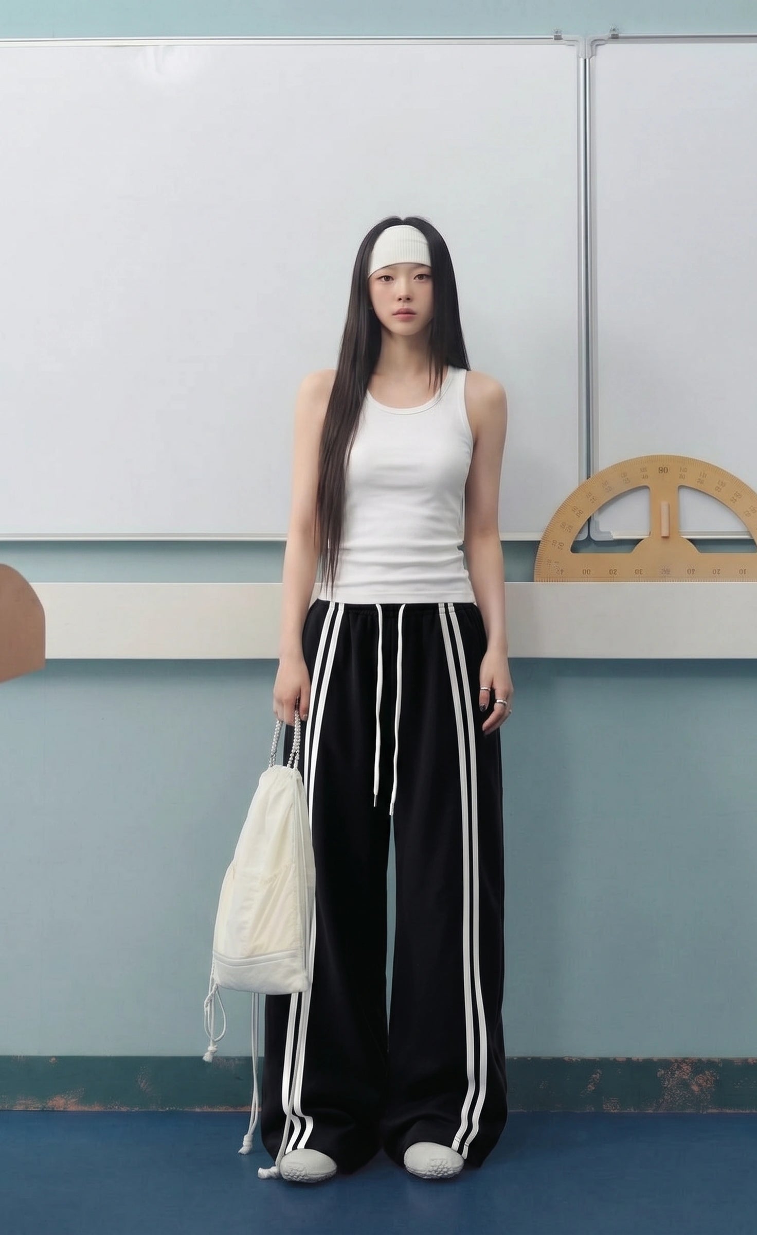 D600 Front Stripe Wide Leg Trousers | Black