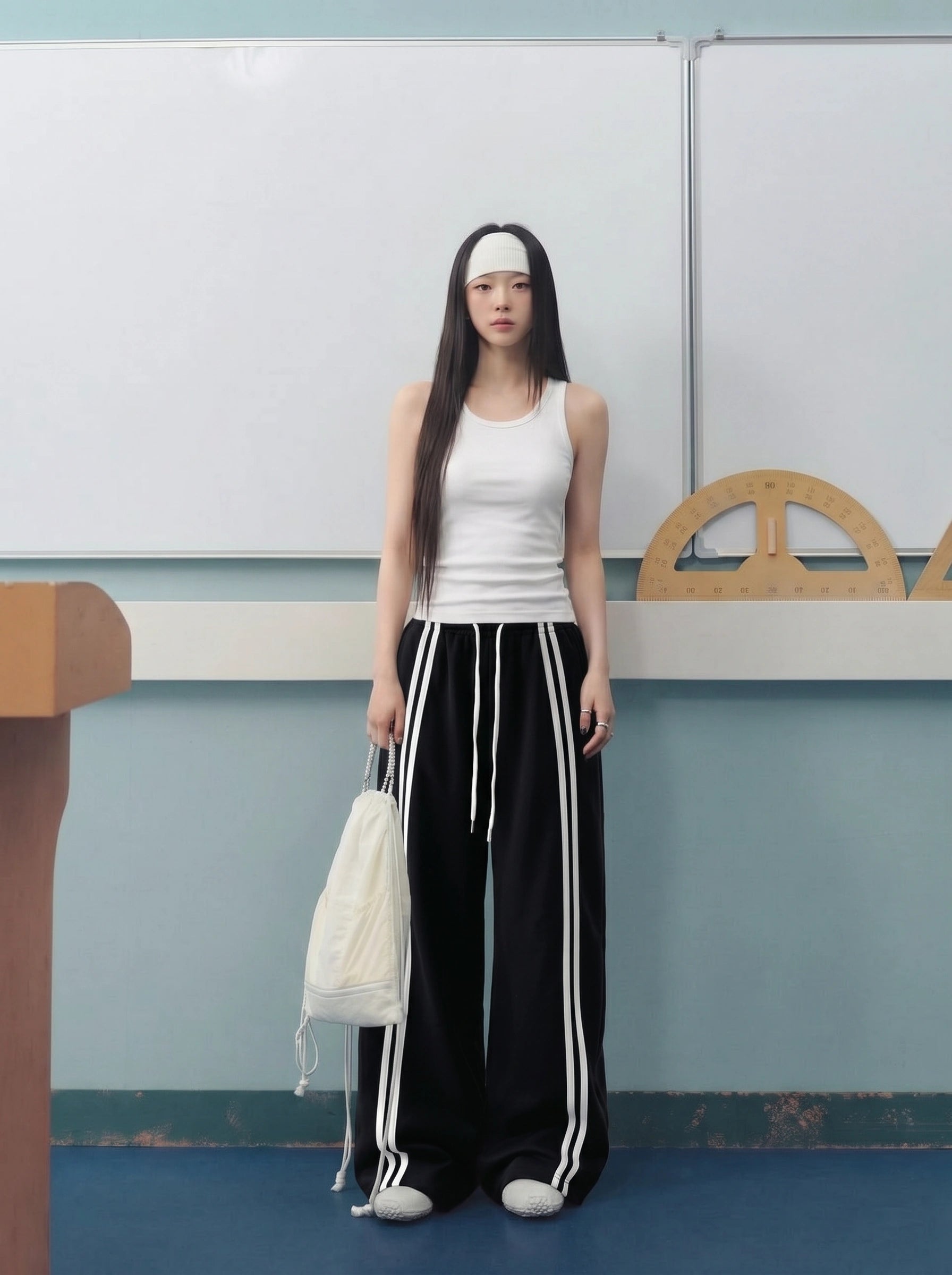 D600 Front Stripe Wide Leg Trousers | Black