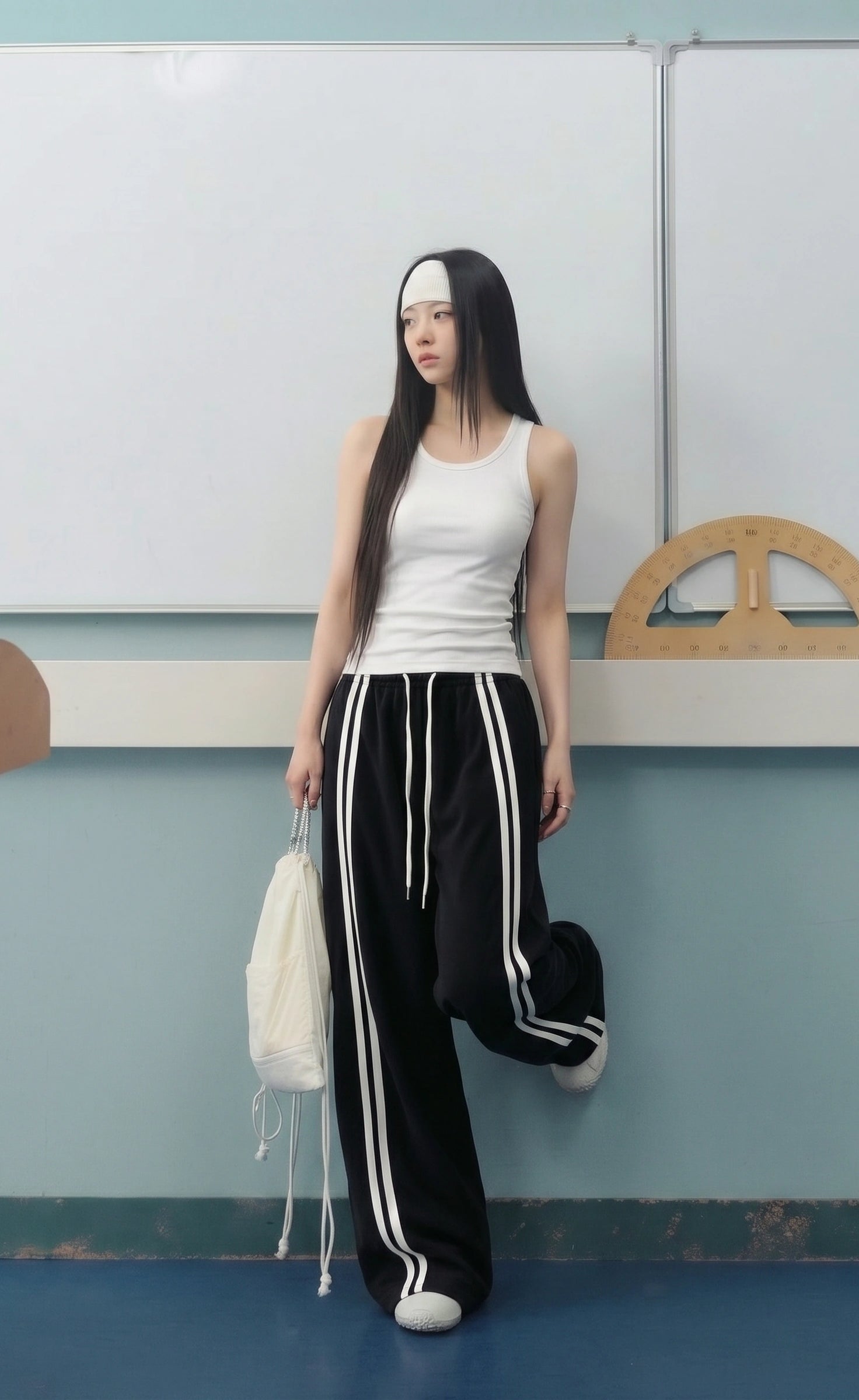 D600 Front Stripe Wide Leg Trousers | Black