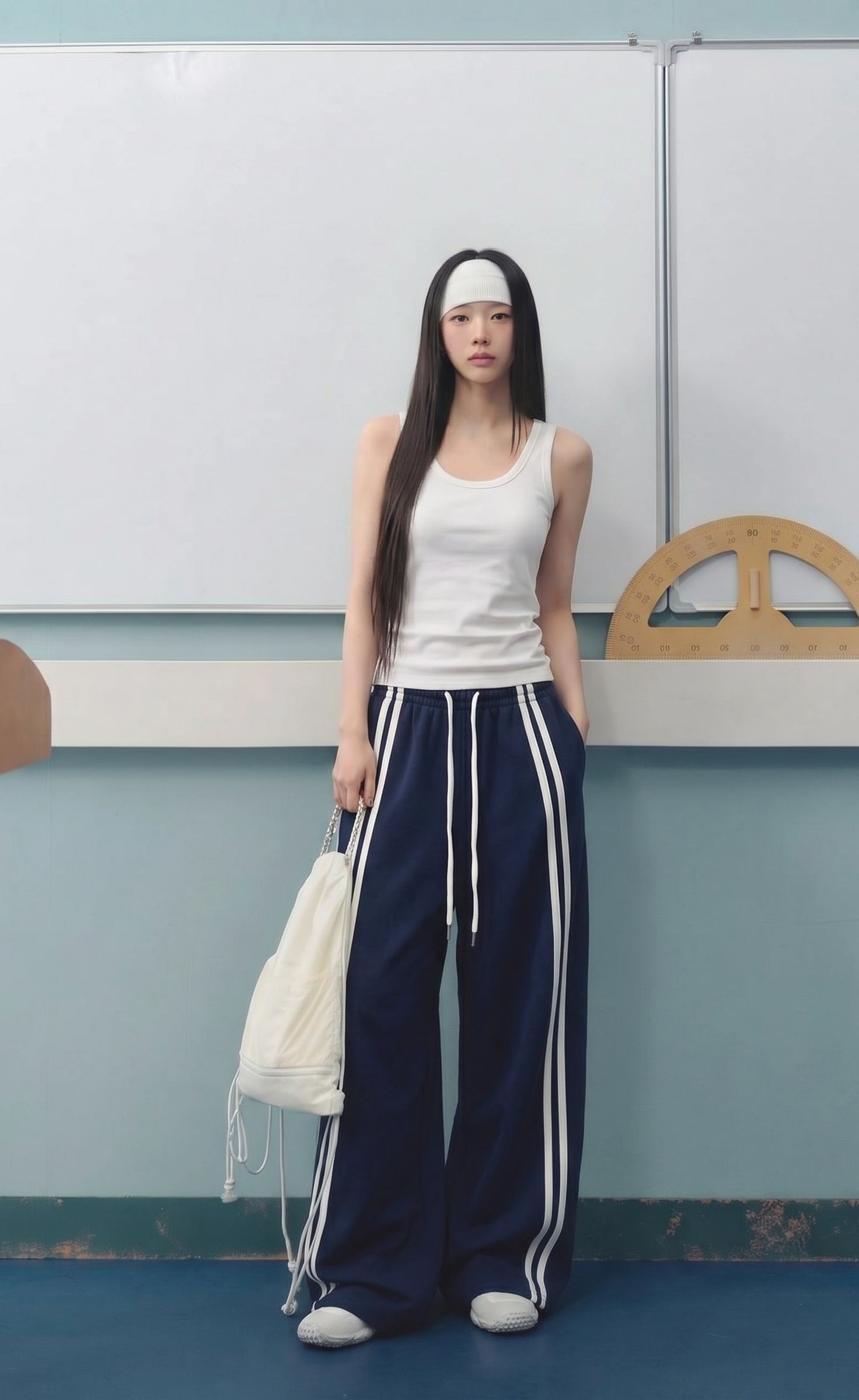 D600 Front Stripe Wide Leg Trousers | Blue