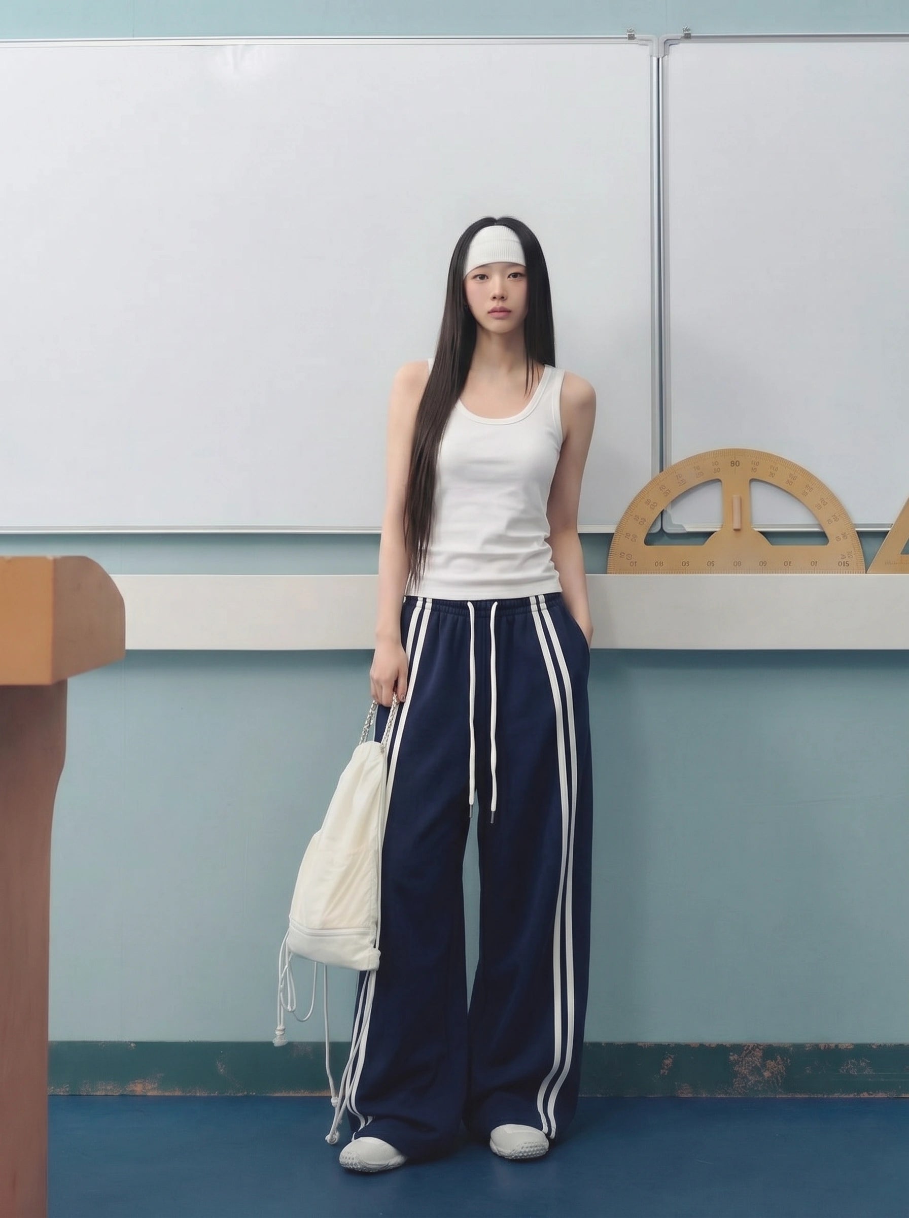 D600 Front Stripe Wide Leg Trousers | Blue