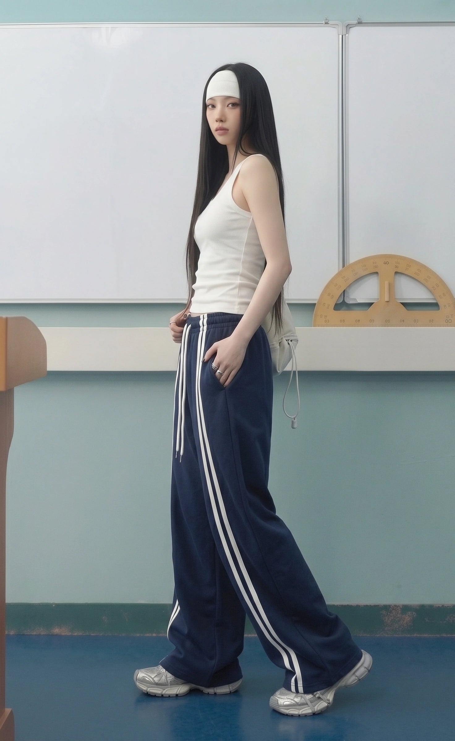 D600 Front Stripe Wide Leg Trousers | Blue