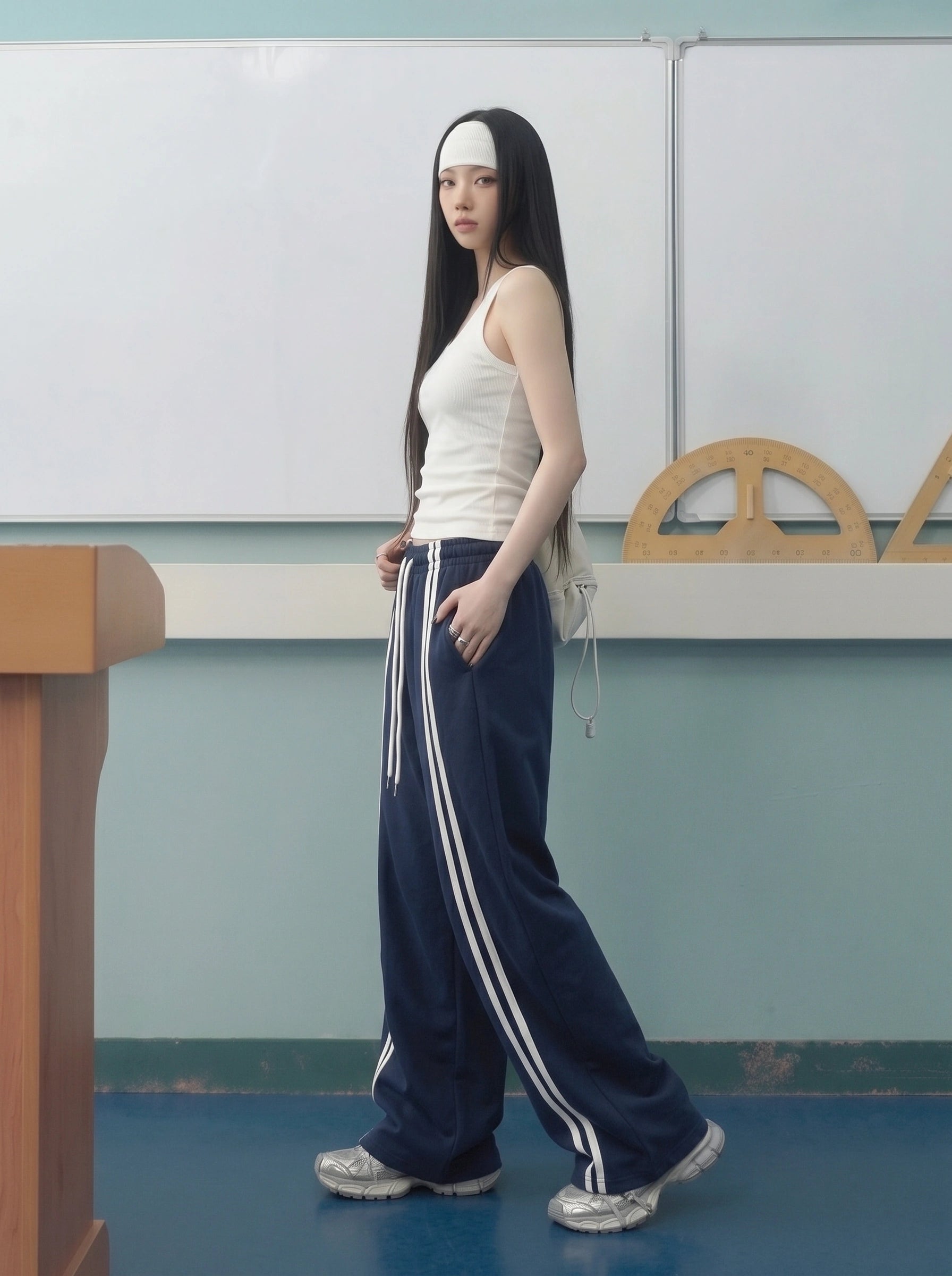 D600 Front Stripe Wide Leg Trousers | Blue