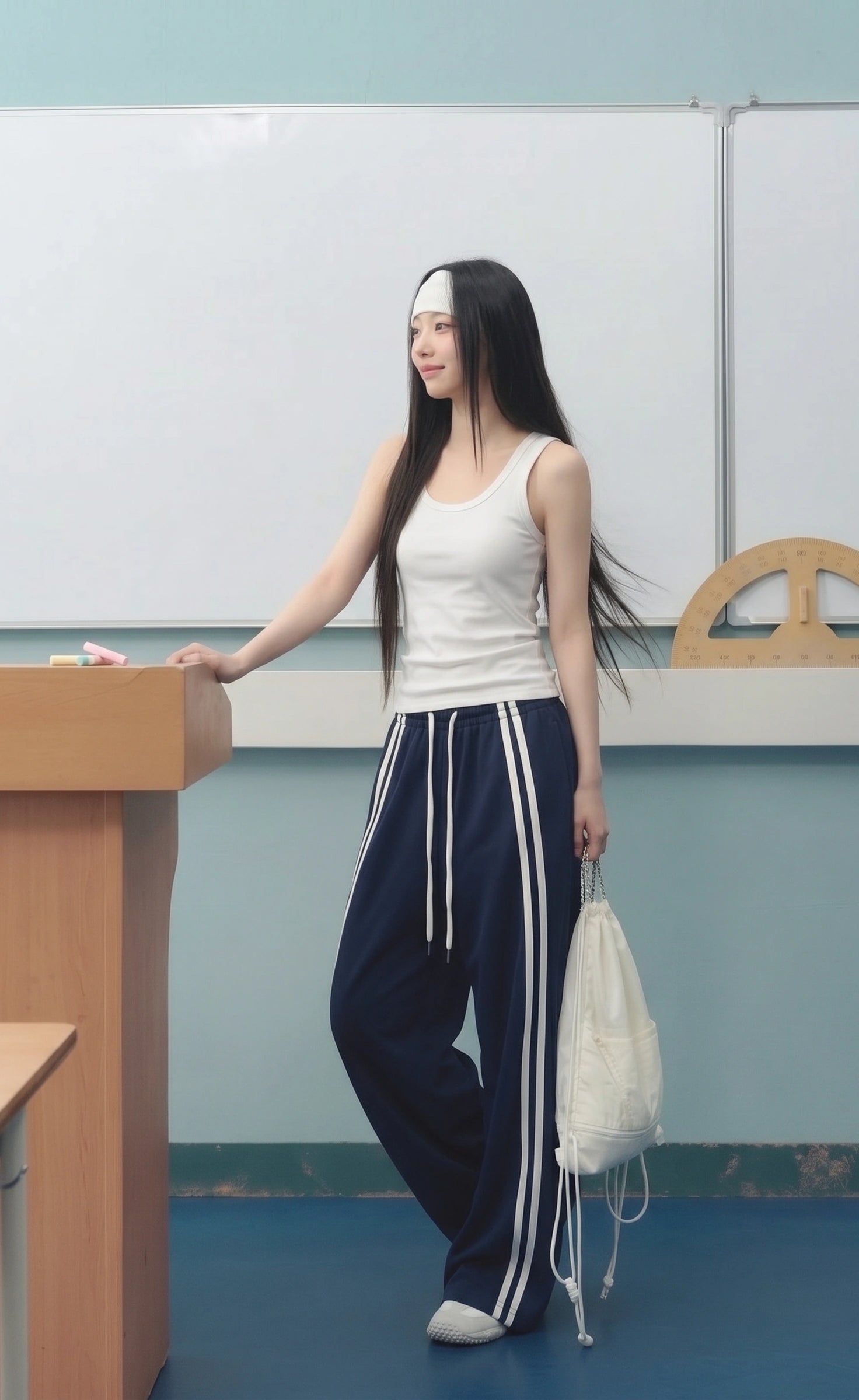 D600 Front Stripe Wide Leg Trousers | Blue