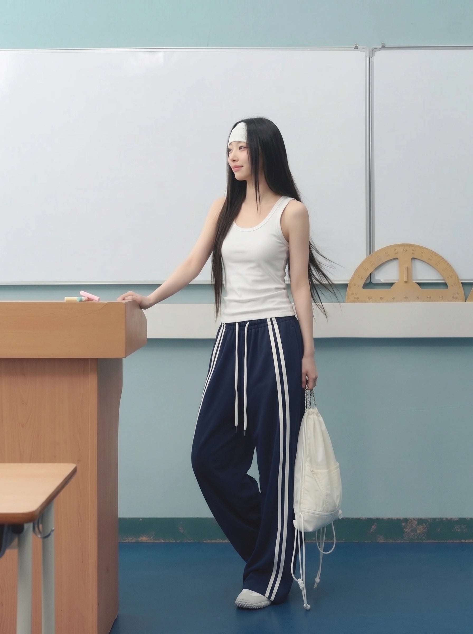 D600 Front Stripe Wide Leg Trousers | Blue