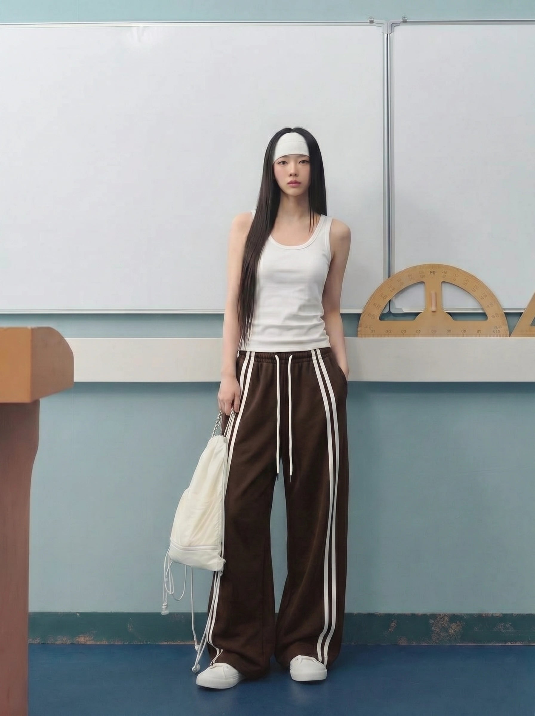 D600 Front Stripe Wide Leg Trousers | Brown