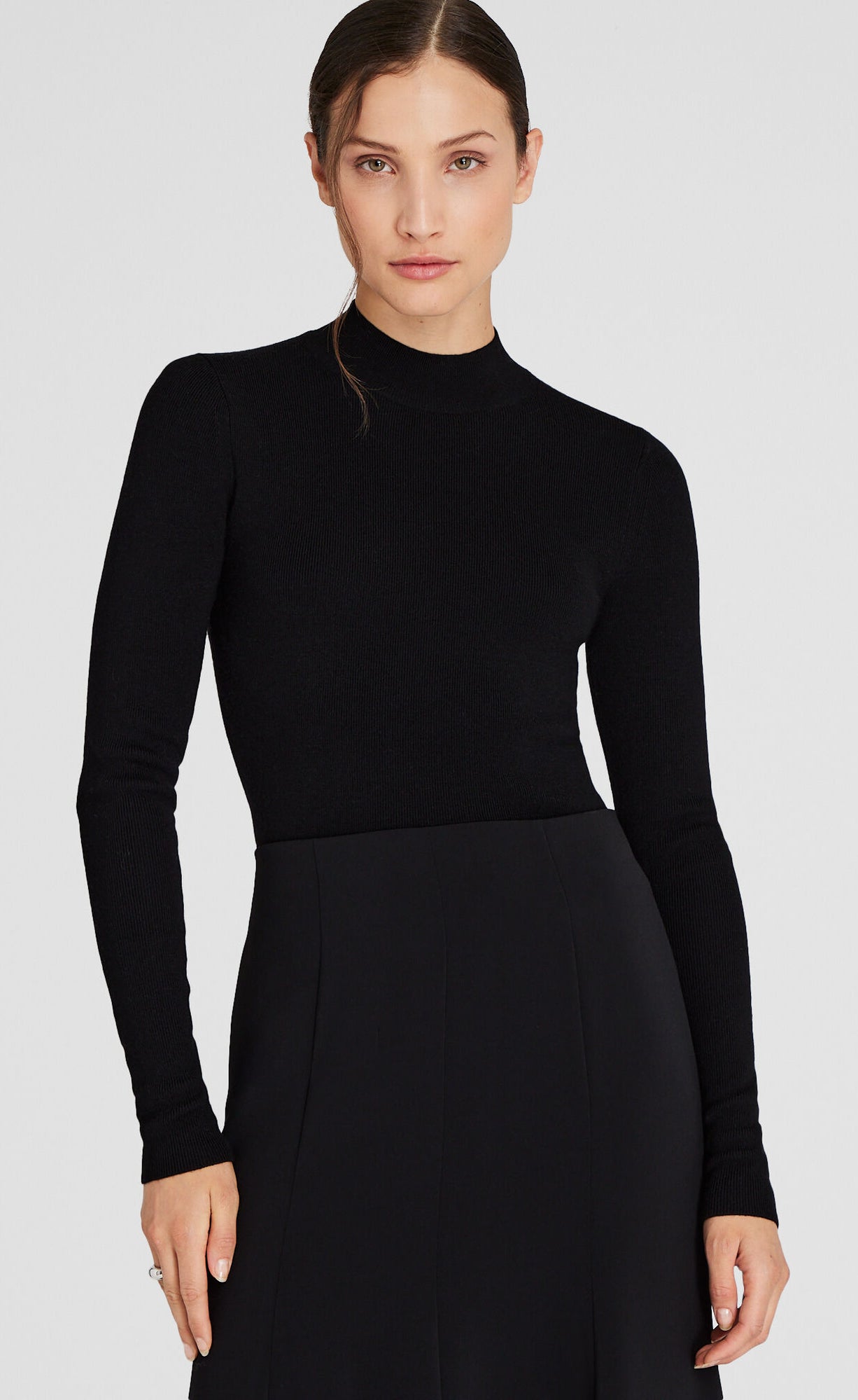 Mock Neck Ribbed Knit Top - Black (Full Sleeves)