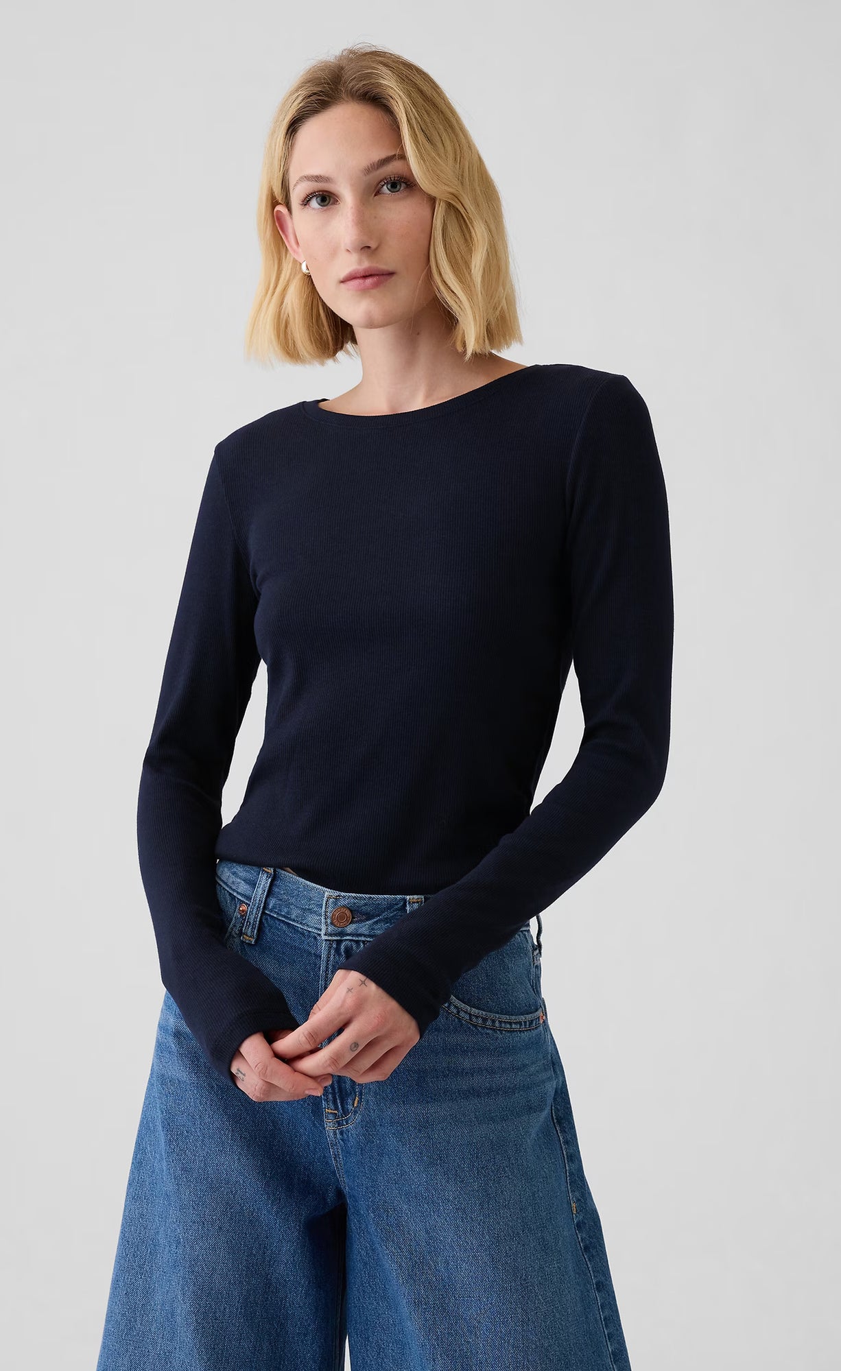 D600 Simple Round Neck Casual Long Sleeve - Navy Blue