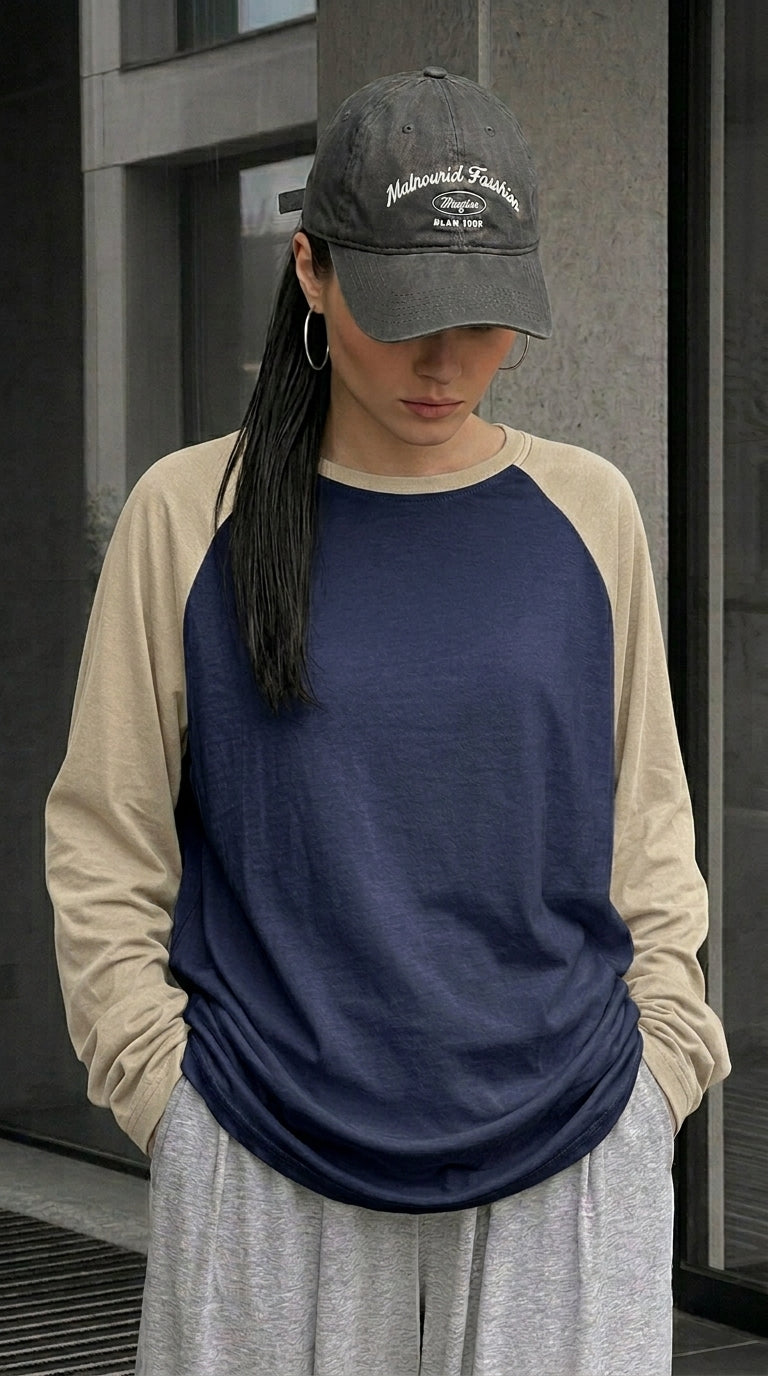 Contrast Raglan Sleeve Top | Blue/Beige
