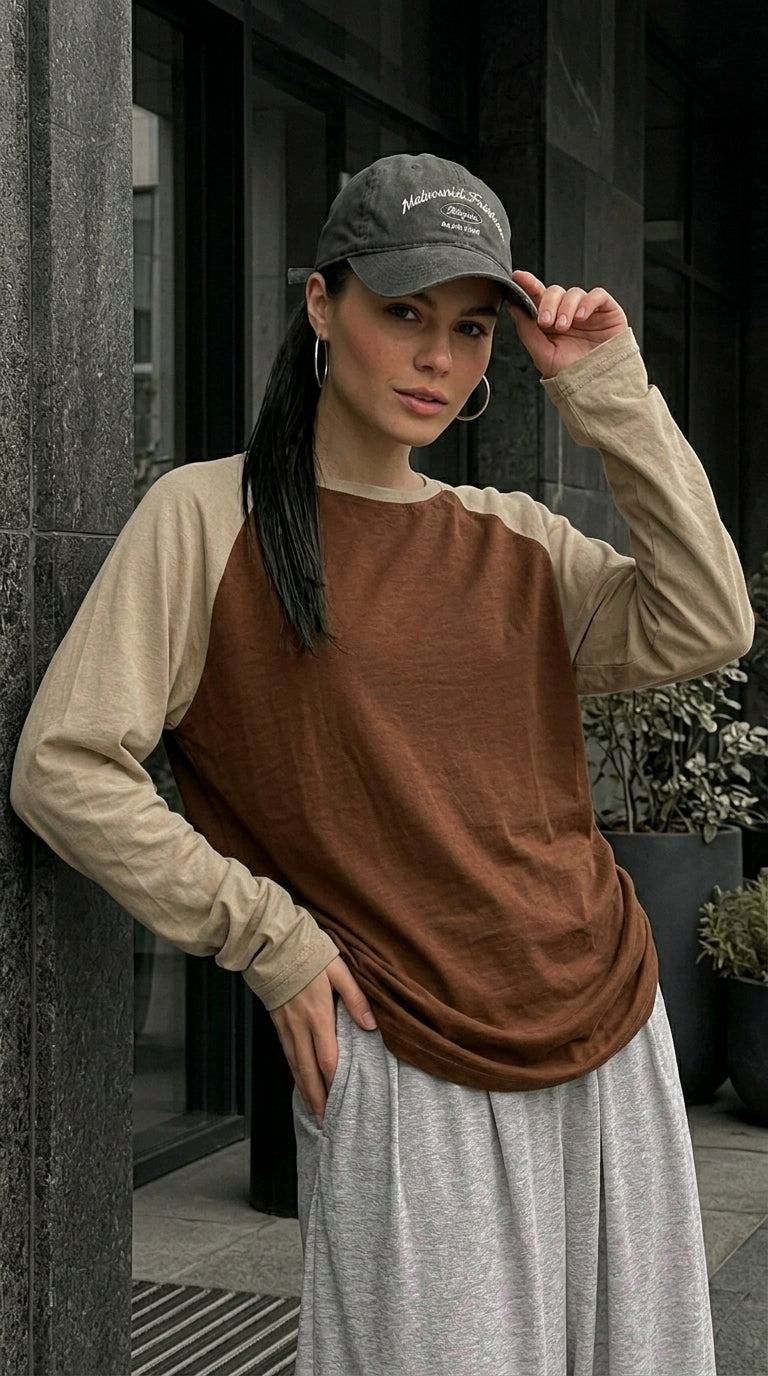 Contrast Raglan Sleeve Top | Brown/Beige