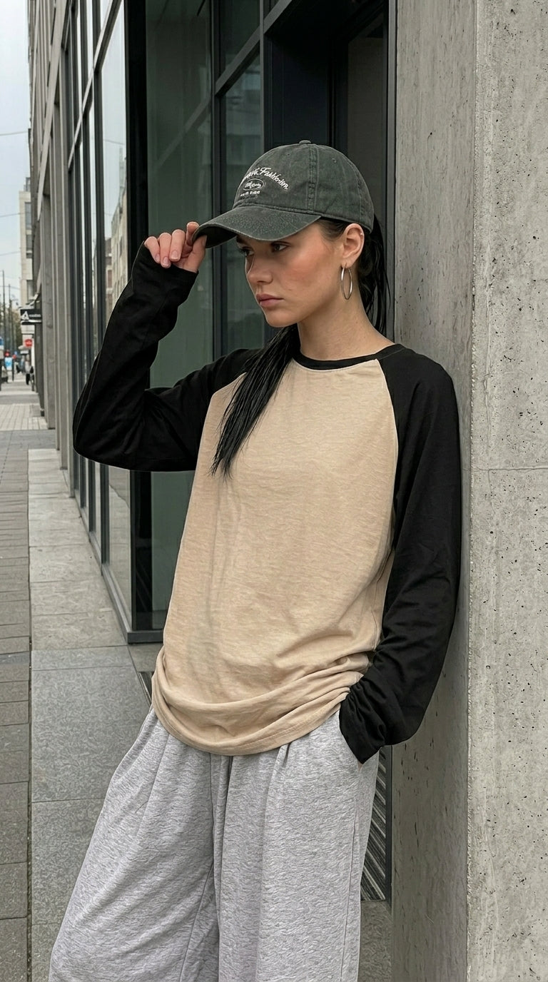 Contrast Raglan Sleeve Top | Beige/Black
