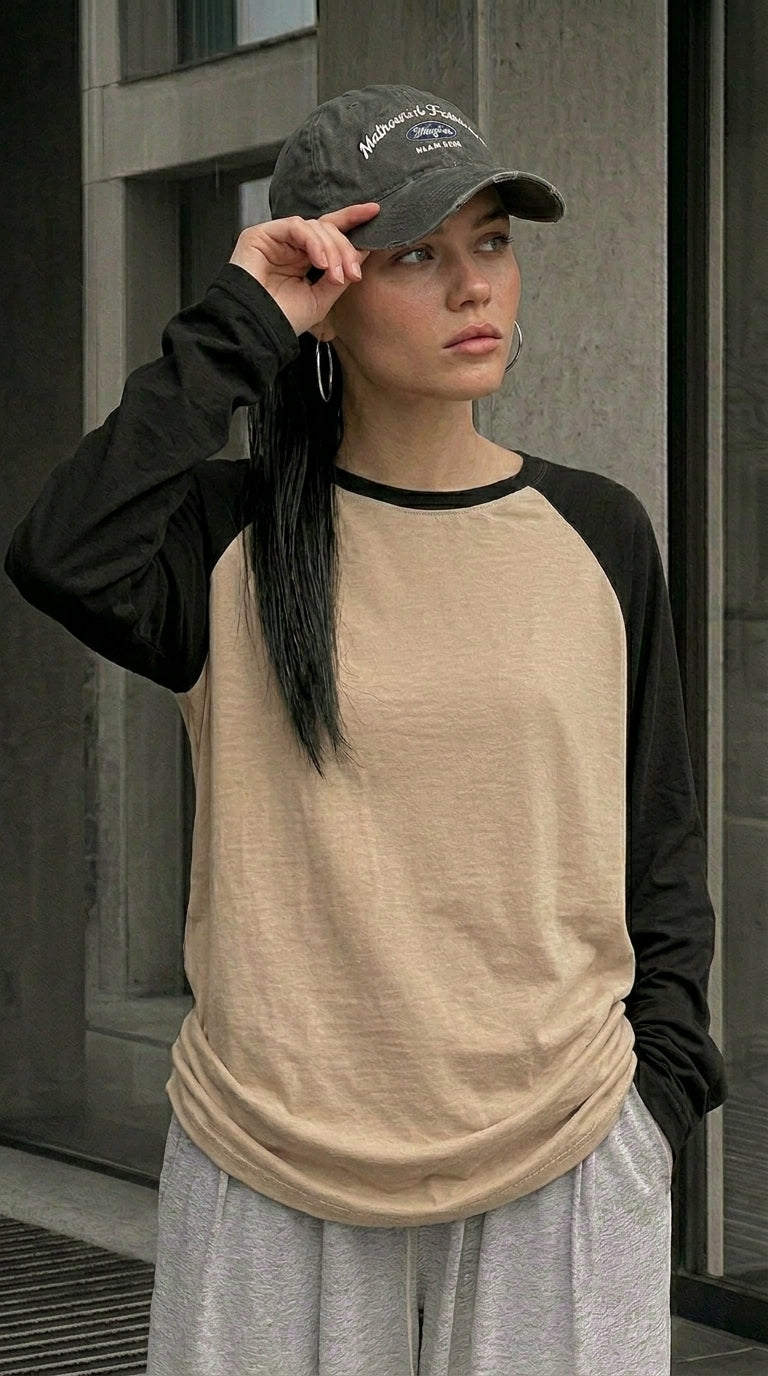Contrast Raglan Sleeve Top | Beige/Black