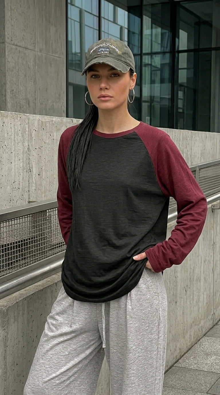 Contrast Raglan Sleeve Top | Black/Maroon