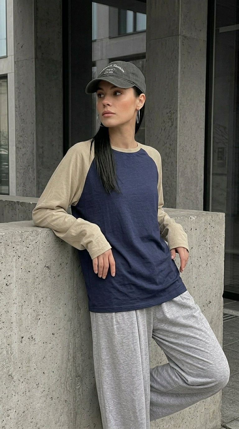 Contrast Raglan Sleeve Top | Blue/Beige