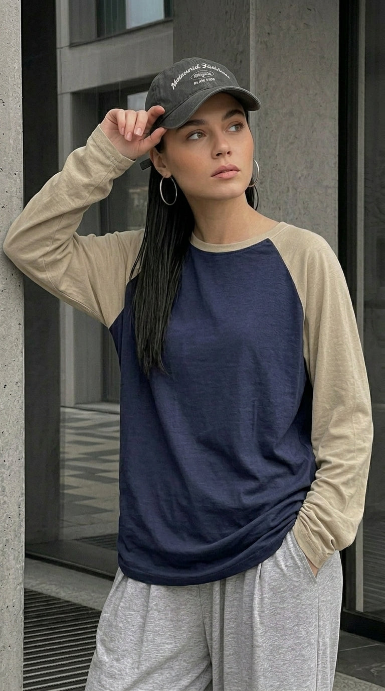 Contrast Raglan Sleeve Top | Blue/Beige