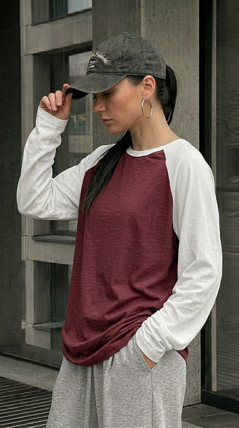 Contrast Raglan Sleeve Top | Maroon/White