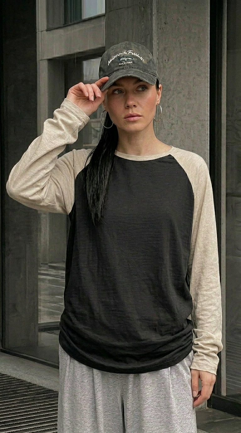 Contrast Raglan Sleeve Top | Black/Beige