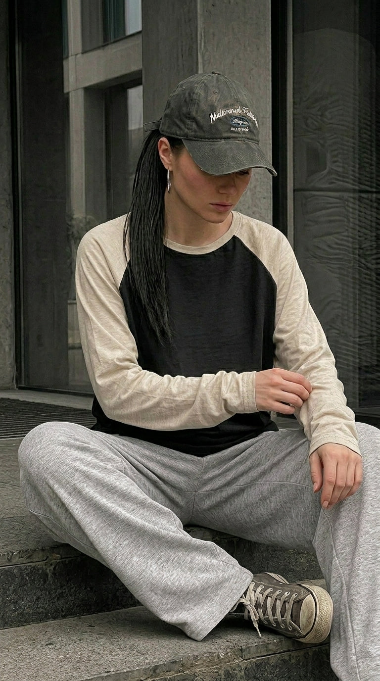 Contrast Raglan Sleeve Top | Black/Beige