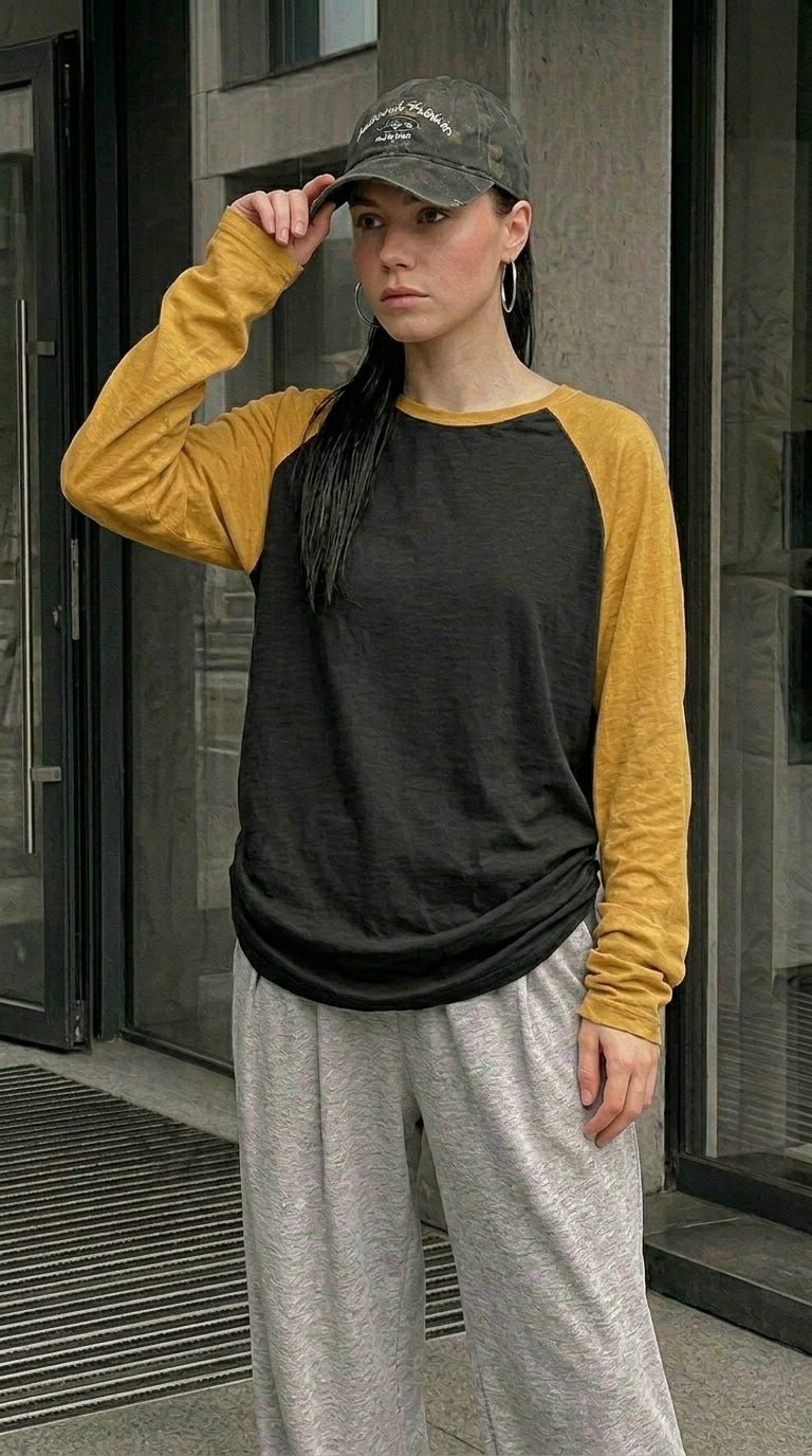 Contrast Raglan Sleeve Top | Black/Mustard