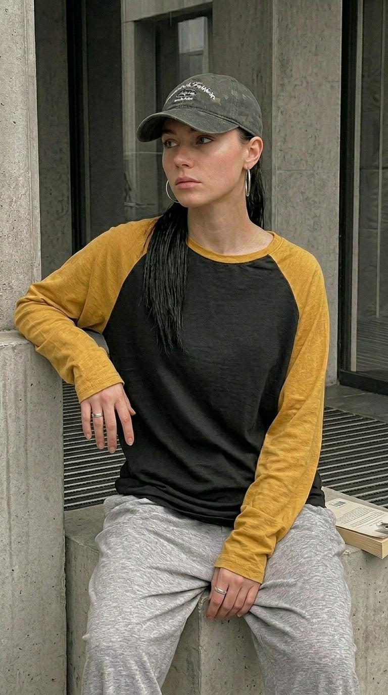 Contrast Raglan Sleeve Top | Black/Mustard