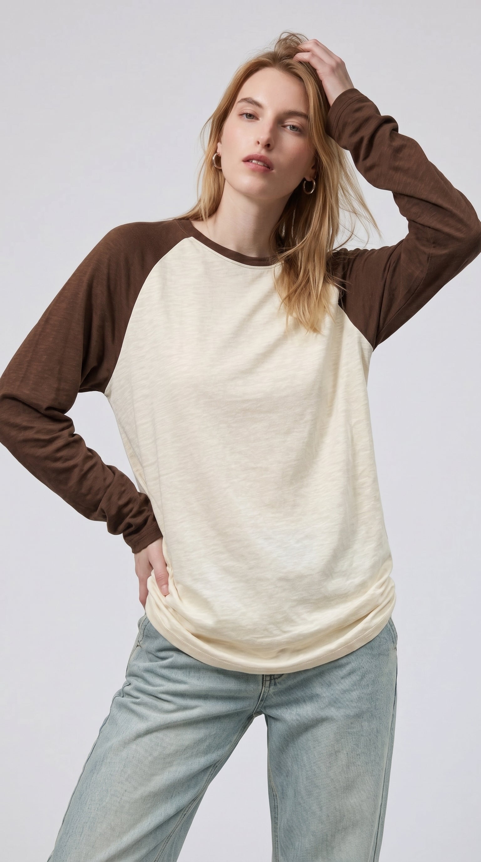 Contrast Raglan Sleeve Top | Beige/Brown