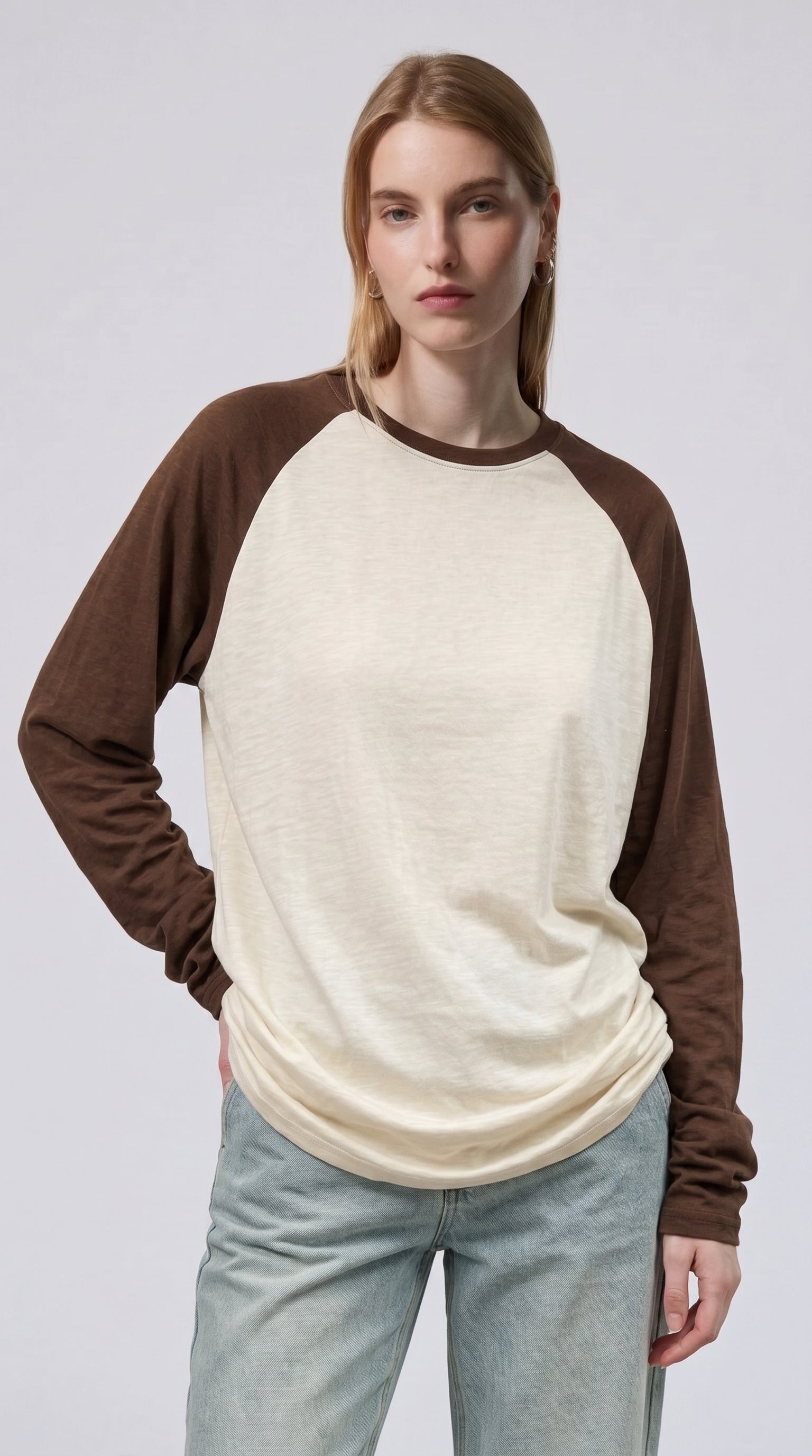 Contrast Raglan Sleeve Top | Beige/Brown