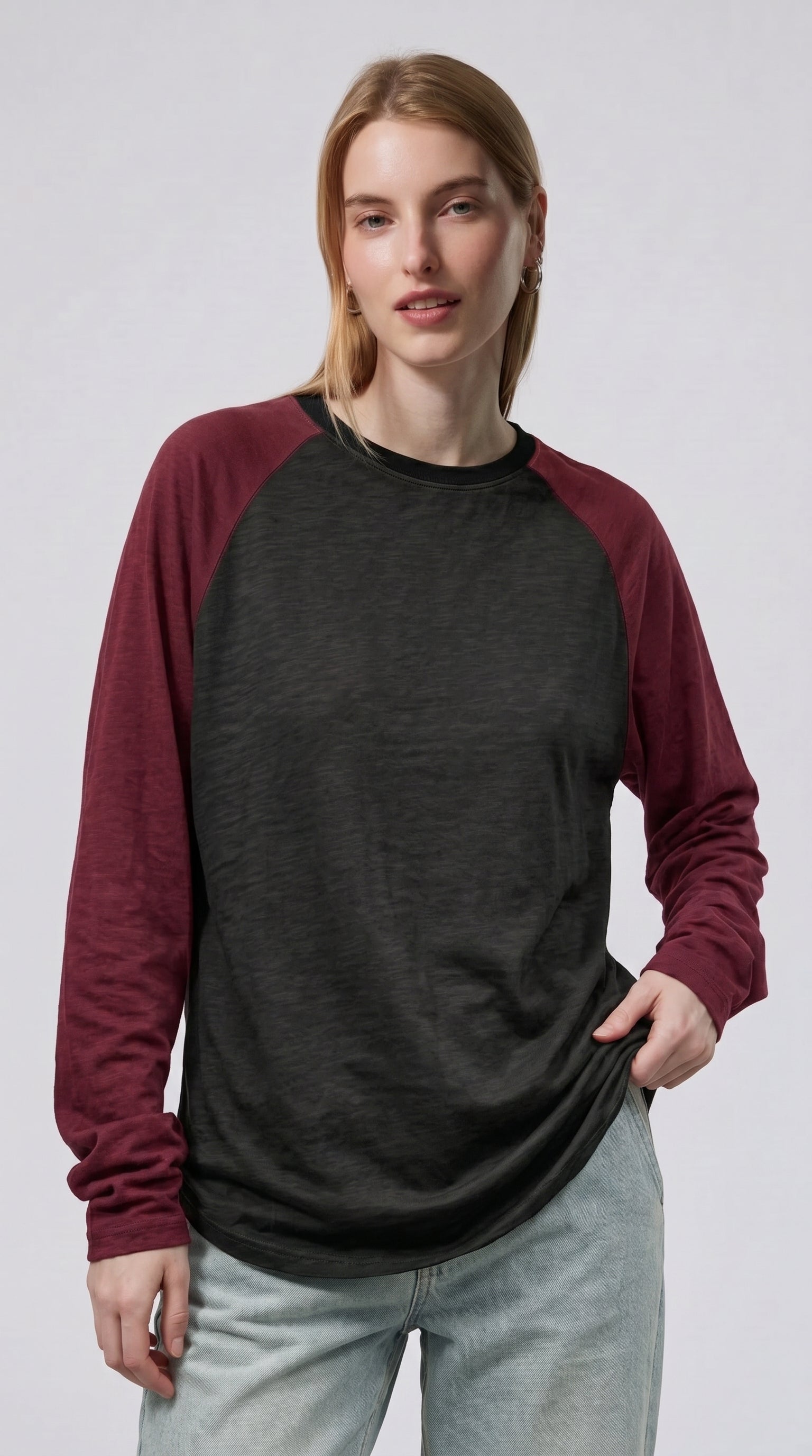 Contrast Raglan Sleeve Top | Black/Maroon