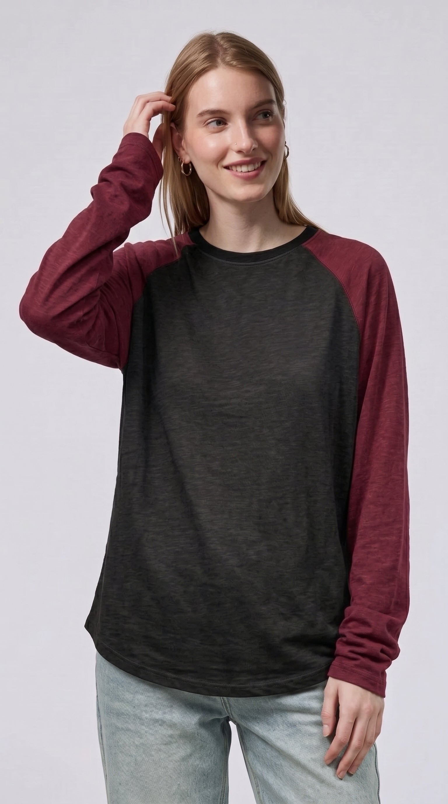 Contrast Raglan Sleeve Top | Black/Maroon