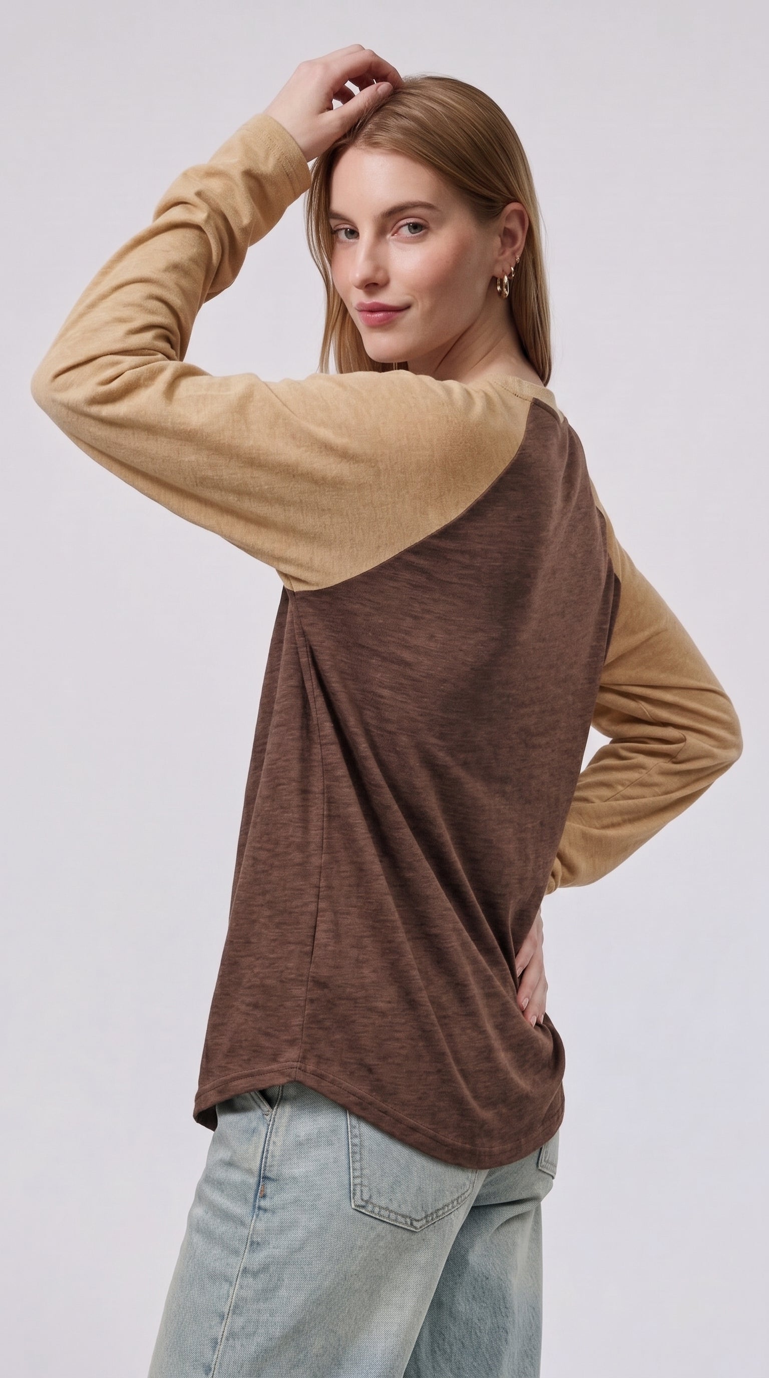 Contrast Raglan Sleeve Top | Brown/Beige