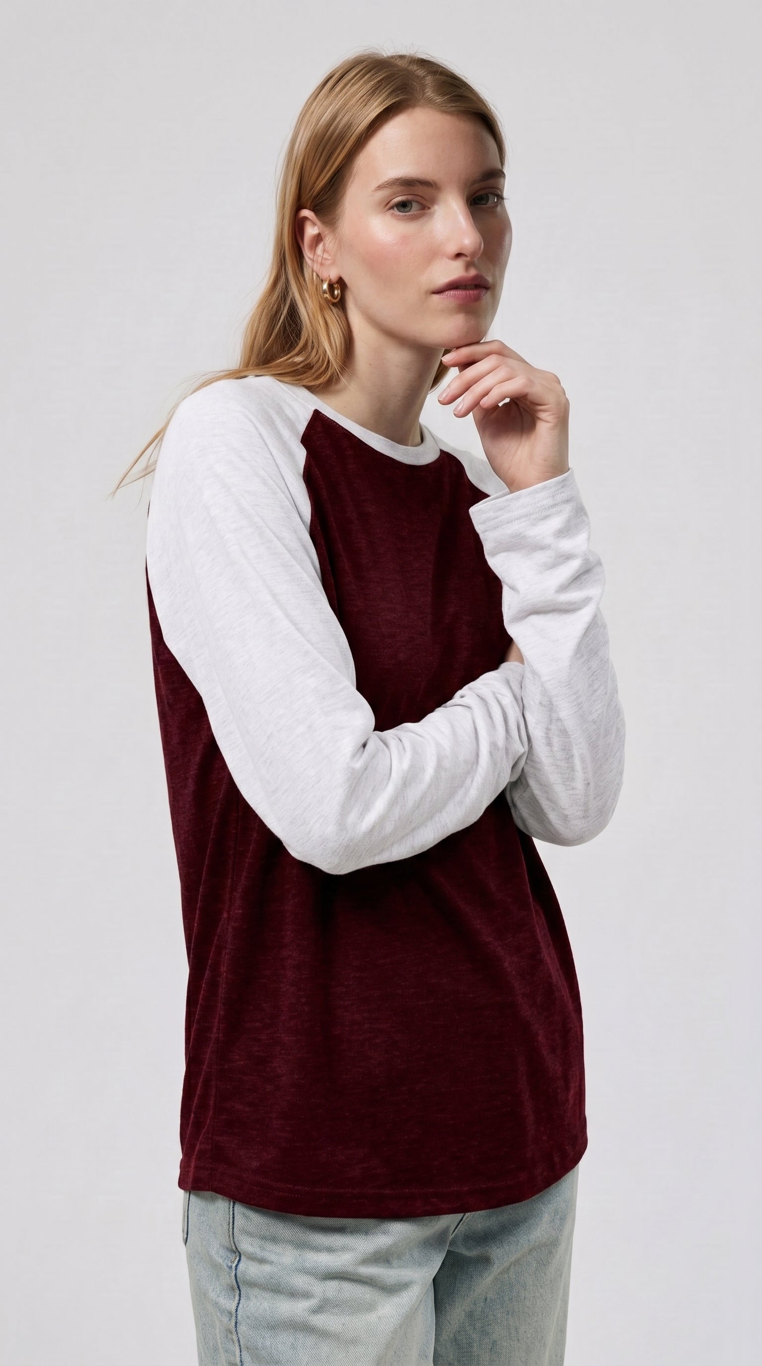 Contrast Raglan Sleeve Top | Maroon/White